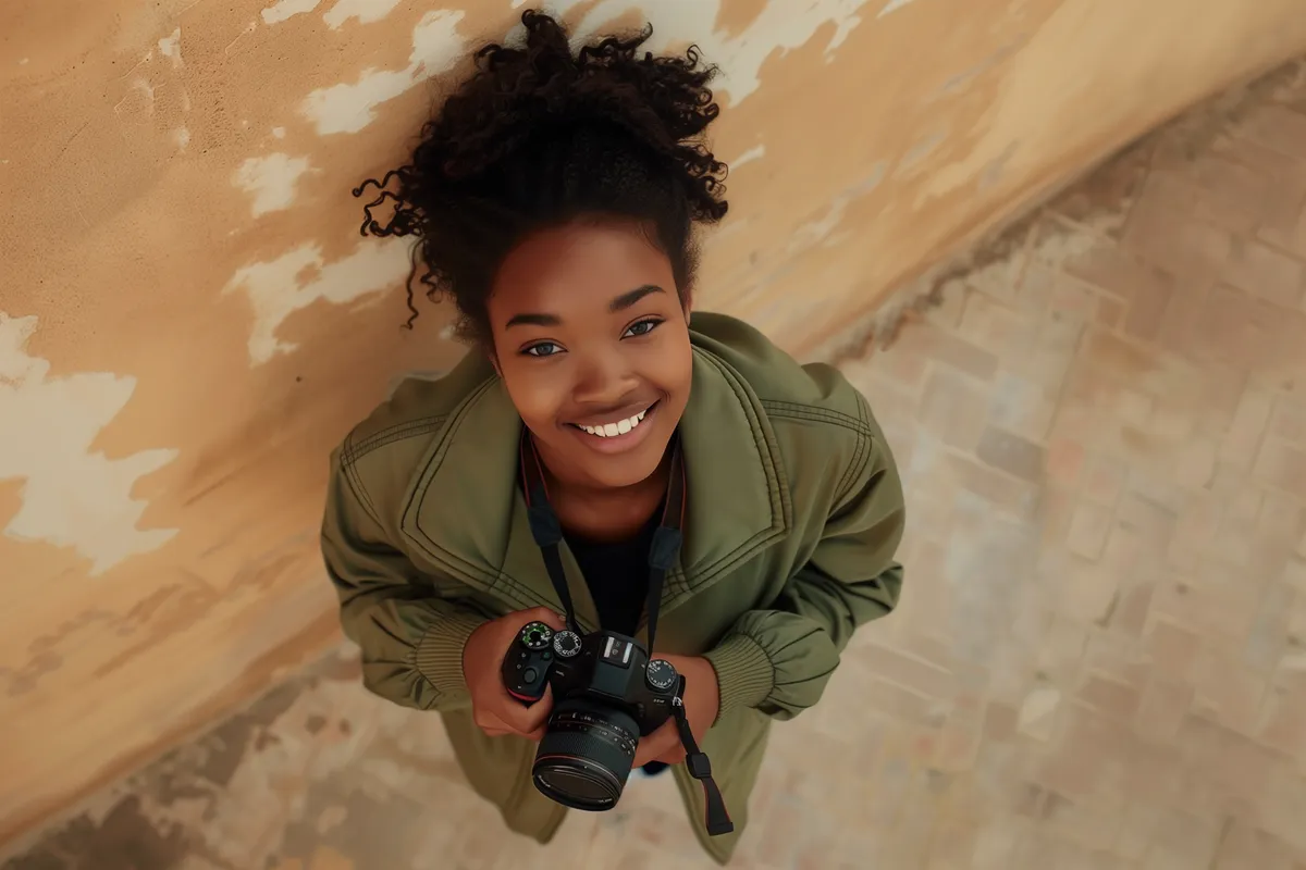 A smiling young woman holding a camera outdoors