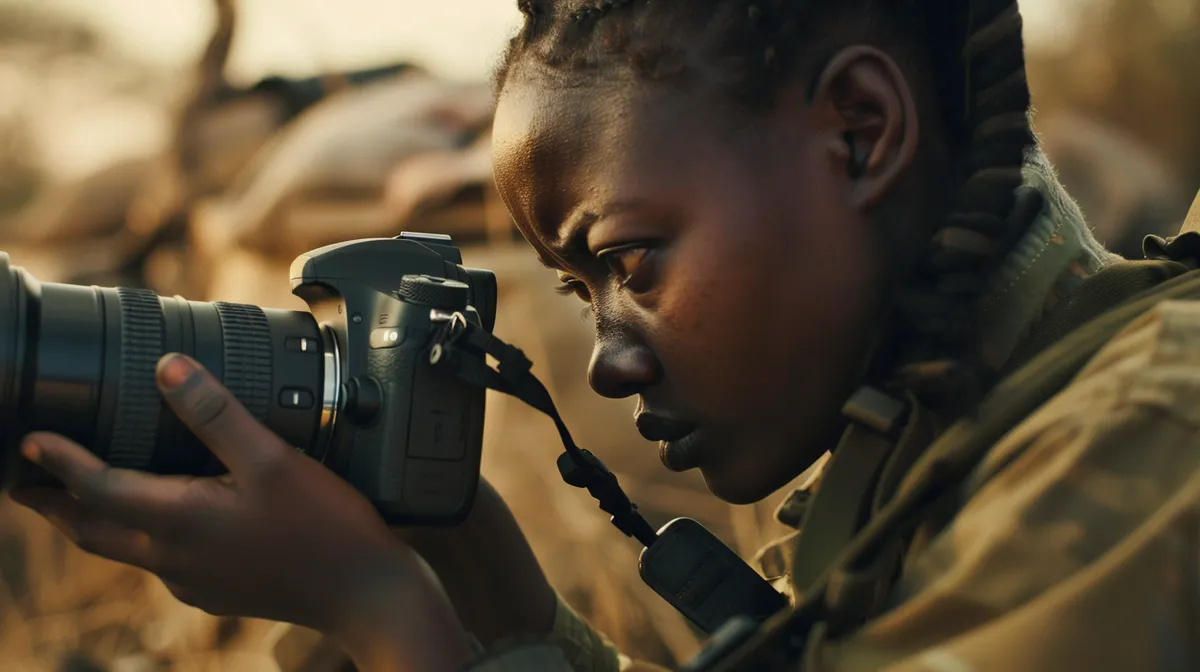 A young woman focused behind a camera on location